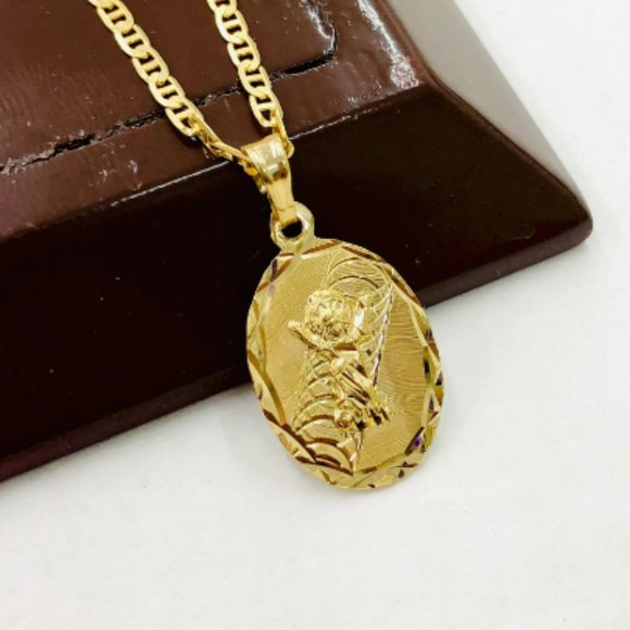 All Yellow Baby Jesus Medal Mariner link Chain 18" for Girls Boys Ladies 22x14mm - Picture 7 of 10